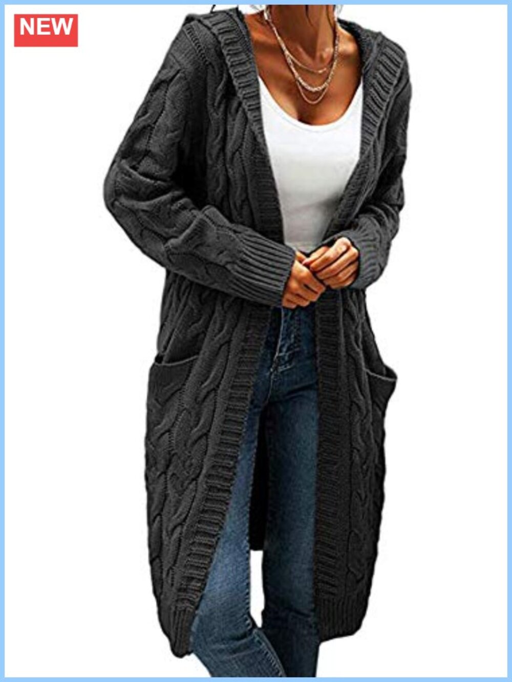 Acrylic Hooded Open Front Cable Knit Chunky Cardigan Sweater Coat